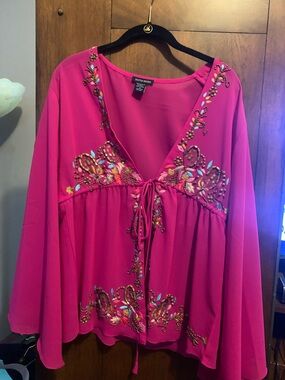 Boston Proper Bright Fuchsia Embellished V-Neck Tie-Front Tunic